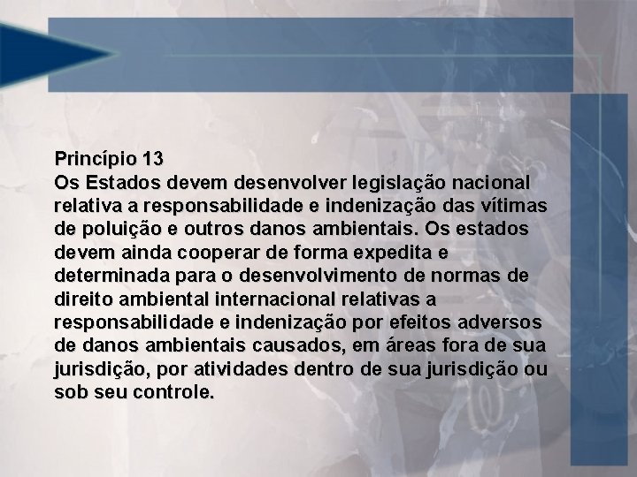 Princípio 13 Os Estados devem desenvolver legislação nacional relativa a responsabilidade e indenização das