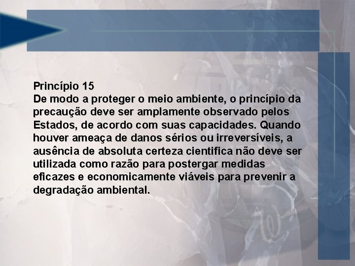 Princípio 15 De modo a proteger o meio ambiente, o princípio da precaução deve