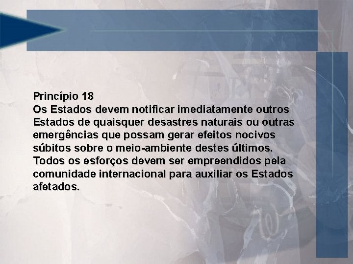 Princípio 18 Os Estados devem notificar imediatamente outros Estados de quaisquer desastres naturais ou