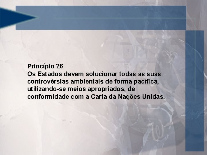 Princípio 26 Os Estados devem solucionar todas as suas controvérsias ambientais de forma pacífica,