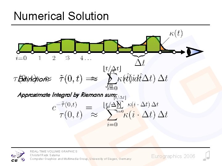 Numerical Solution Extinction: Approximate Integral by Riemann sum: REAL-TIME VOLUME GRAPHICS Christof Rezk Salama Numerical Solution Extinction: Approximate Integral by Riemann sum: REAL-TIME VOLUME GRAPHICS Christof Rezk Salama