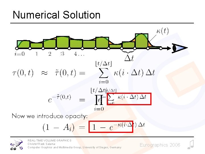 Numerical Solution Now we introduce opacity: REAL-TIME VOLUME GRAPHICS Christof Rezk Salama Computer Graphics Numerical Solution Now we introduce opacity: REAL-TIME VOLUME GRAPHICS Christof Rezk Salama Computer Graphics