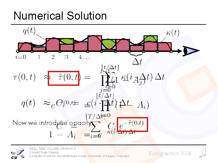 Numerical Solution Now we introduce opacity: REAL-TIME VOLUME GRAPHICS Christof Rezk Salama Computer Graphics Numerical Solution Now we introduce opacity: REAL-TIME VOLUME GRAPHICS Christof Rezk Salama Computer Graphics