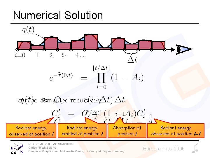 Numerical Solution can be computed recursively Radiant energy observed at position i Radiant energy Numerical Solution can be computed recursively Radiant energy observed at position i Radiant energy