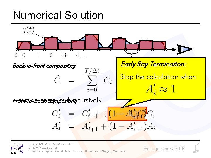 Numerical Solution Back-to-front compositing Early Ray Termination: Stop the calculation when can be computed Numerical Solution Back-to-front compositing Early Ray Termination: Stop the calculation when can be computed