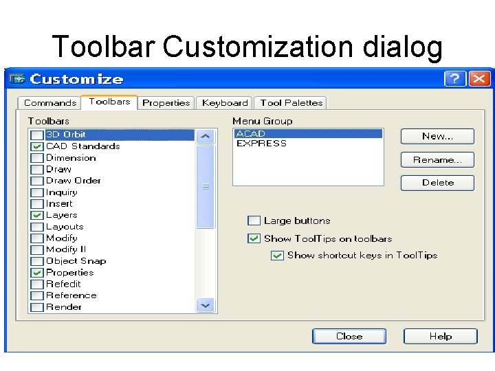 Toolbar Customization dialog 