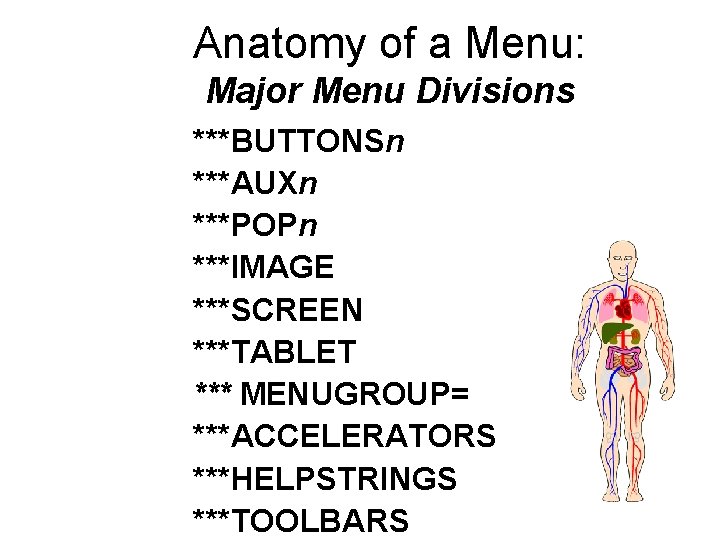 Anatomy of a Menu: Major Menu Divisions ***BUTTONSn ***AUXn ***POPn ***IMAGE ***SCREEN ***TABLET ***