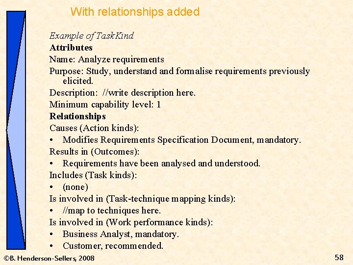 With relationships added Example of Task. Kind Attributes Name: Analyze requirements Purpose: Study, understand