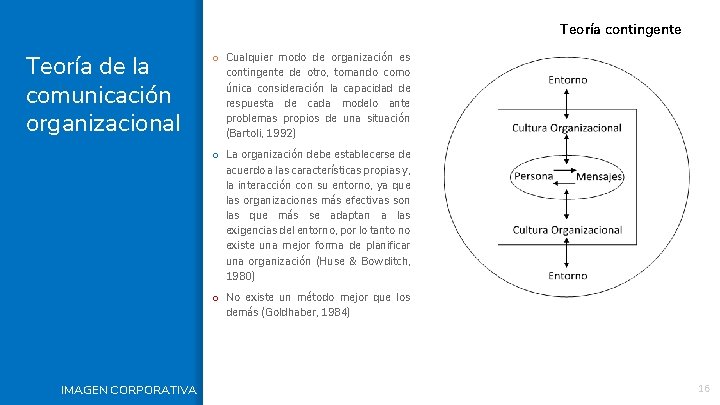 Teoría contingente Teoría de la comunicación organizacional o Cualquier modo de organización es contingente