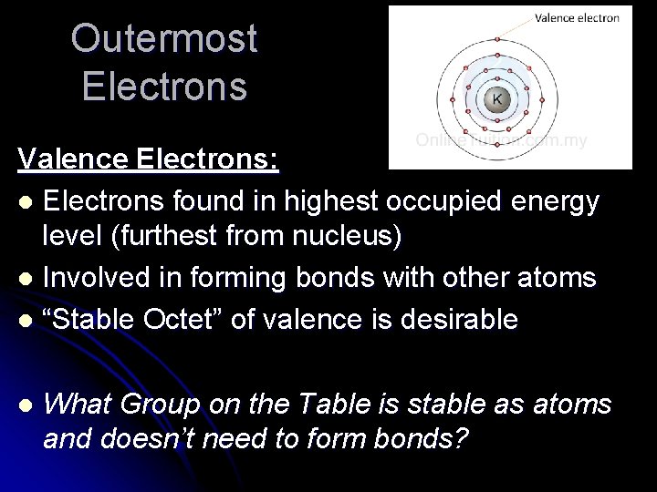 Outermost Electrons Valence Electrons: l Electrons found in highest occupied energy level (furthest from