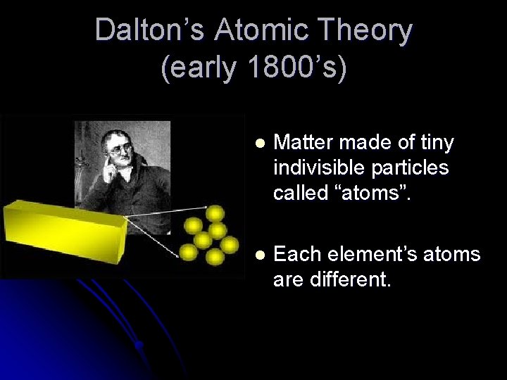 Dalton’s Atomic Theory (early 1800’s) l Matter made of tiny indivisible particles called “atoms”.