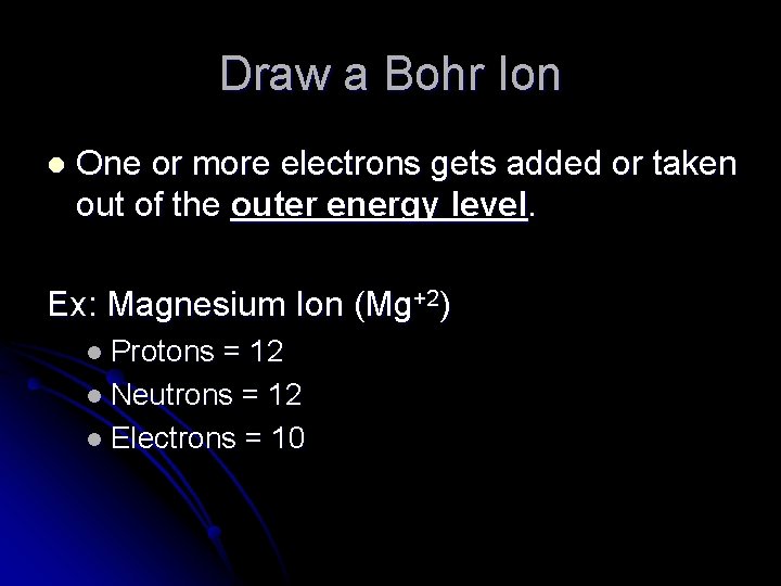 Draw a Bohr Ion l One or more electrons gets added or taken out