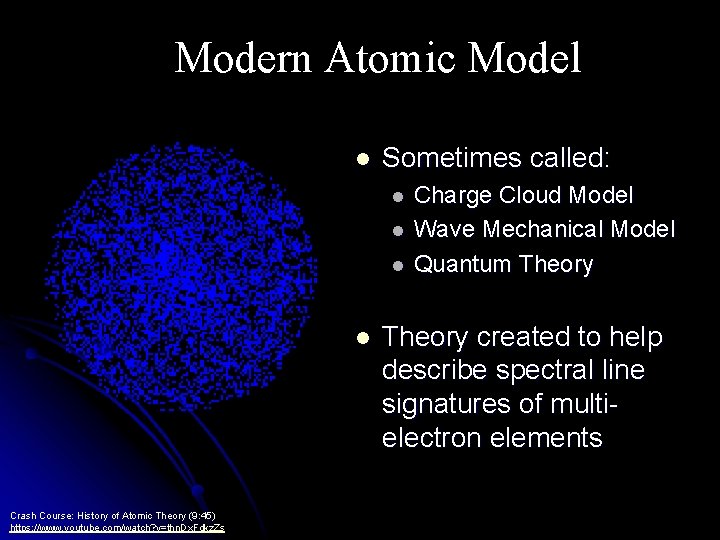 Modern Atomic Model l Sometimes called: l l Crash Course: History of Atomic Theory