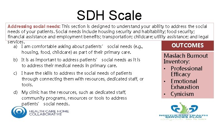 SDH Scale Addressing social needs: This section is designed to understand your ability to