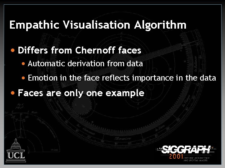 Empathic Visualisation Algorithm • Differs from Chernoff faces • Automatic derivation from data •