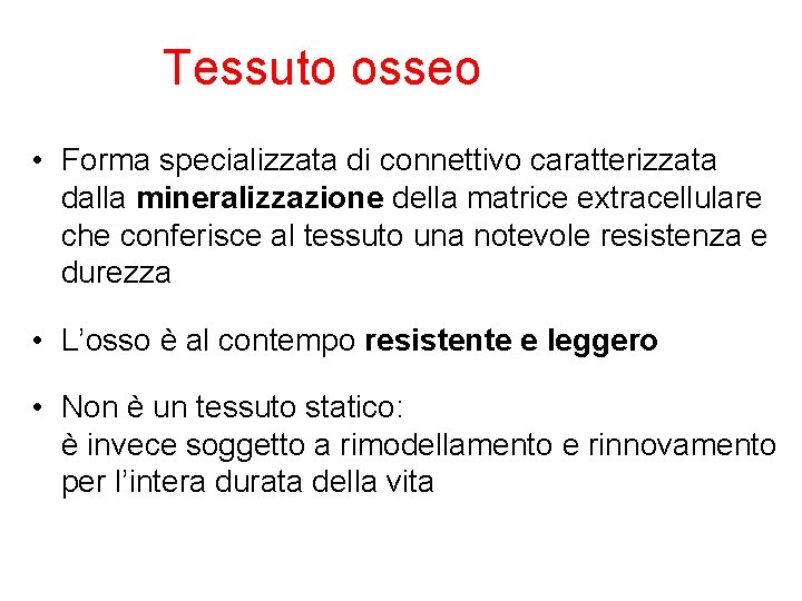 Tessuto osseo • Forma specializzata di connettivo caratterizzata dalla mineralizzazione della matrice extracellulare che