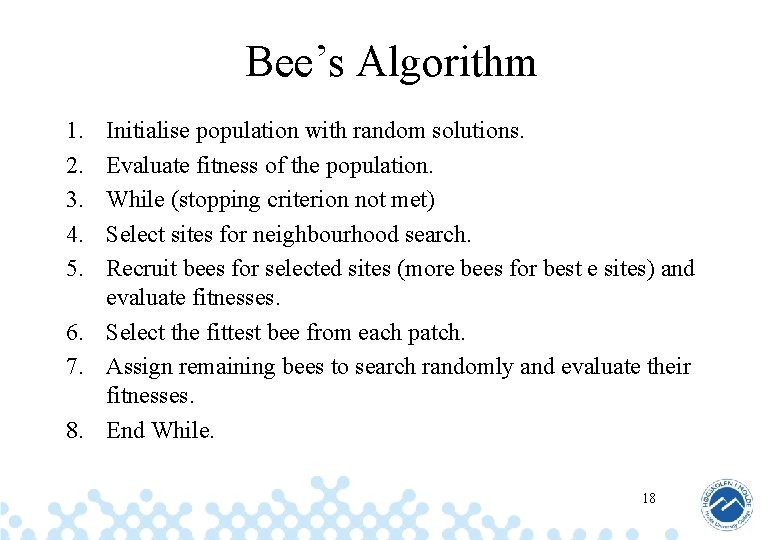Bee’s Algorithm 1. 2. 3. 4. 5. Initialise population with random solutions. Evaluate fitness
