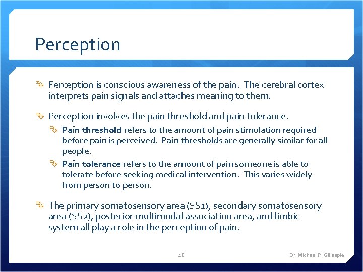 Perception is conscious awareness of the pain. The cerebral cortex interprets pain signals and