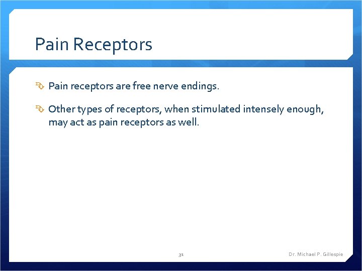 Pain Receptors Pain receptors are free nerve endings. Other types of receptors, when stimulated