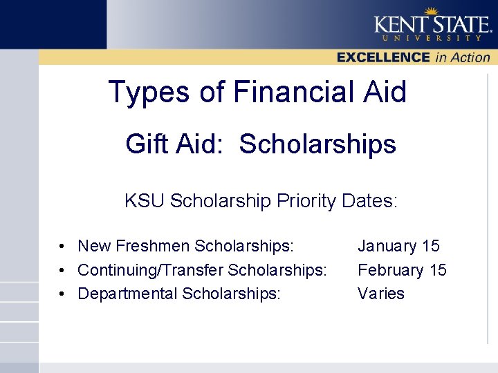 Types of Financial Aid Gift Aid: Scholarships KSU Scholarship Priority Dates: • New Freshmen