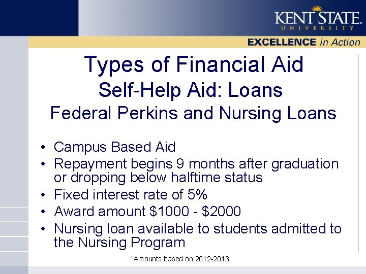 Types of Financial Aid Self-Help Aid: Loans Federal Perkins and Nursing Loans • Campus