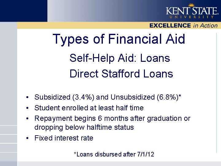 Types of Financial Aid Self-Help Aid: Loans Direct Stafford Loans • Subsidized (3. 4%)