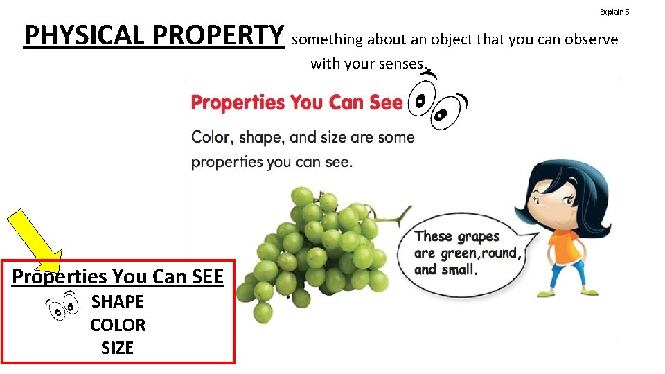 Explain 5 PHYSICAL PROPERTY something about an object that you can observe with your