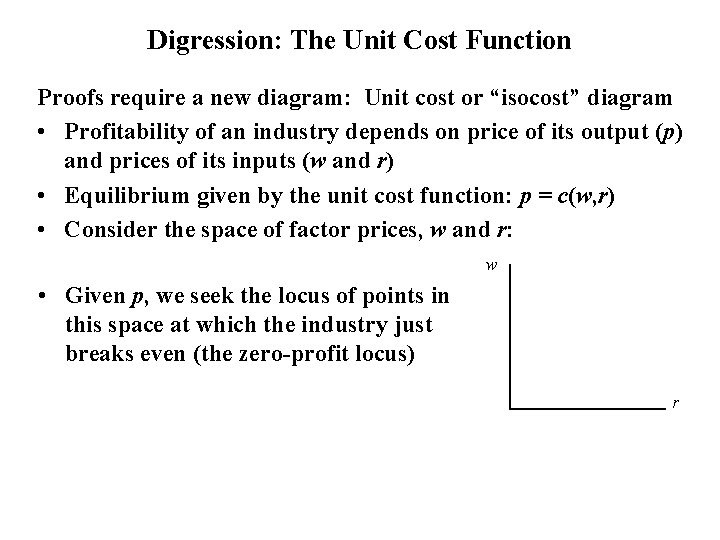 Digression: The Unit Cost Function Proofs require a new diagram: Unit cost or “isocost”