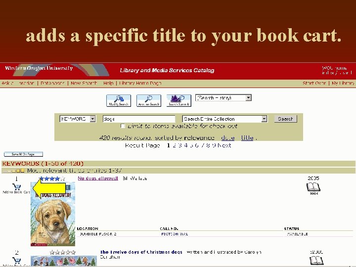 adds a specific title to your book cart. 