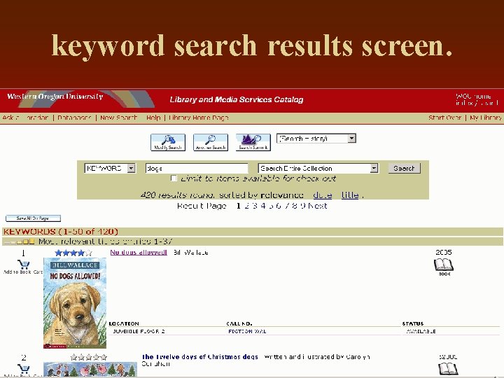 keyword search results screen. 