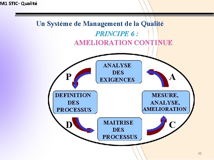 M 1 STIC- Qualité Un Système de Management de la Qualité PRINCIPE 6 :