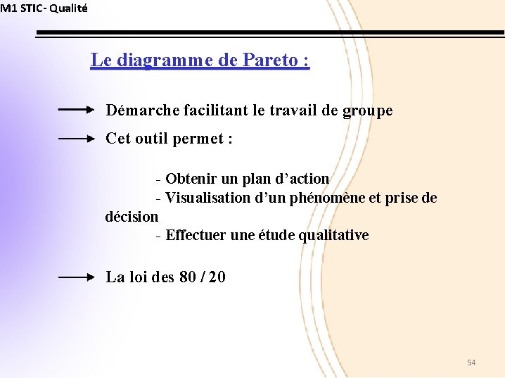 M 1 STIC- Qualité Le diagramme de Pareto : Démarche facilitant le travail de