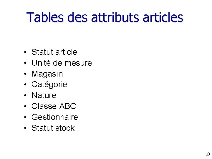 Tables des attributs articles • • Statut article Unité de mesure Magasin Catégorie Nature