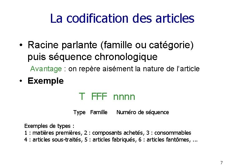 La codification des articles • Racine parlante (famille ou catégorie) puis séquence chronologique Avantage
