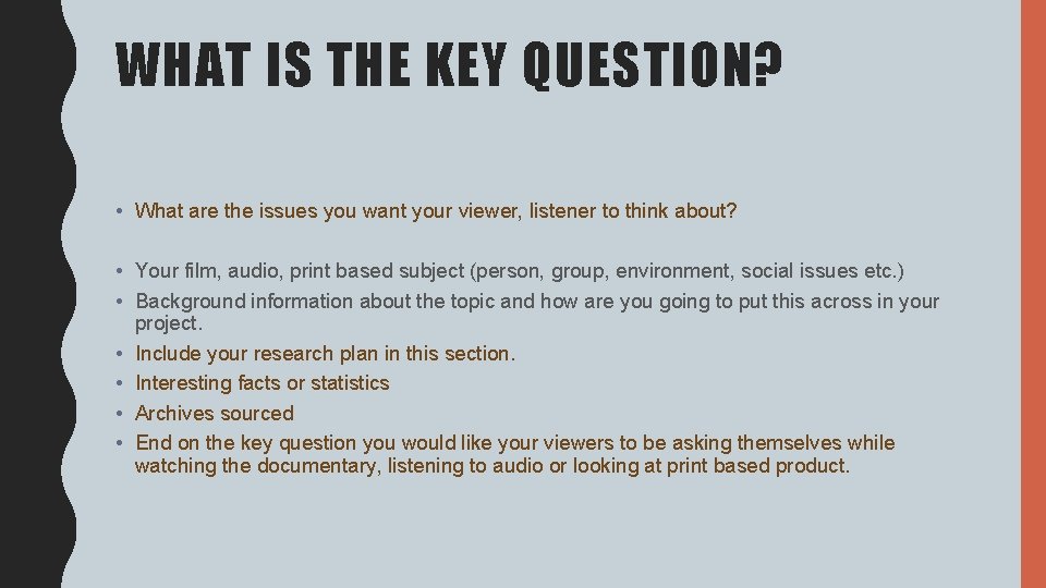 WHAT IS THE KEY QUESTION? • What are the issues you want your viewer,