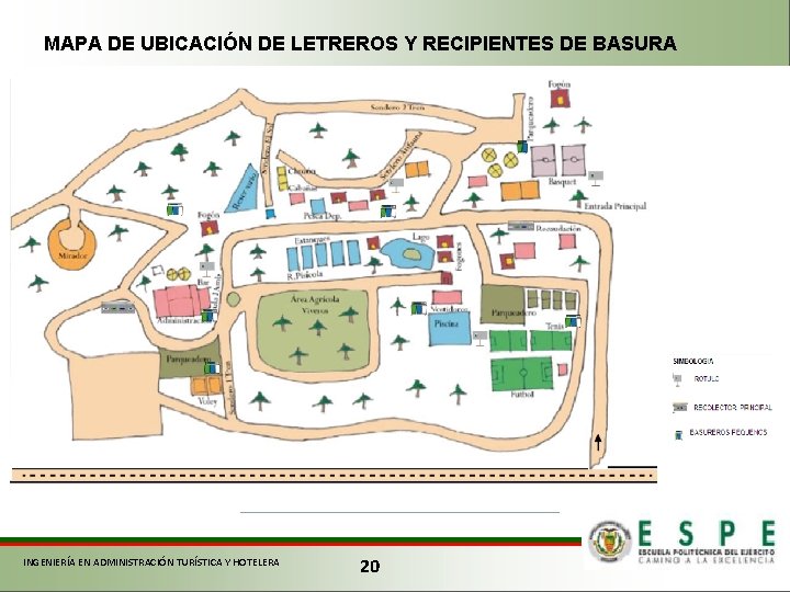 MAPA DE UBICACIÓN DE LETREROS Y RECIPIENTES DE BASURA INGENIERÍA EN ADMINISTRACIÓN TURÍSTICA Y