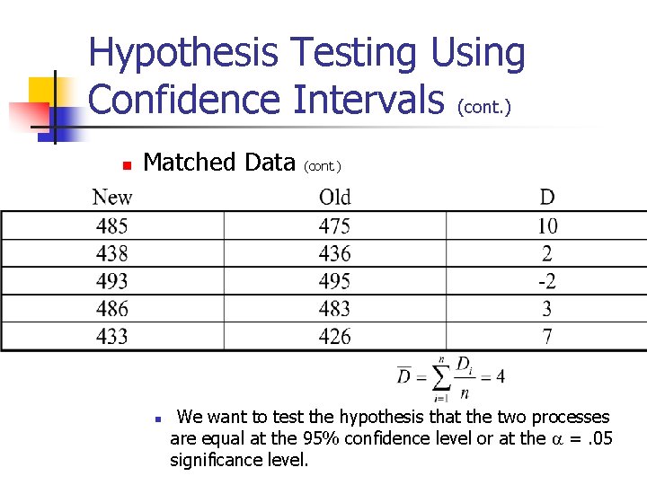 Hypothesis Testing Using Confidence Intervals (cont. ) n Matched Data n (cont. ) We