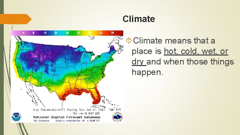 Climate means that a place is hot, cold, wet, or dry and when those