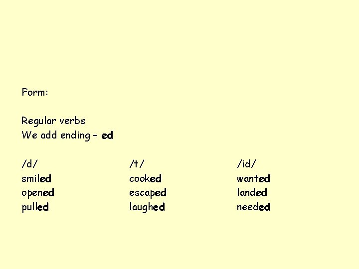 Form: Regular verbs We add ending – ed /d/ smiled opened pulled /t/ cooked