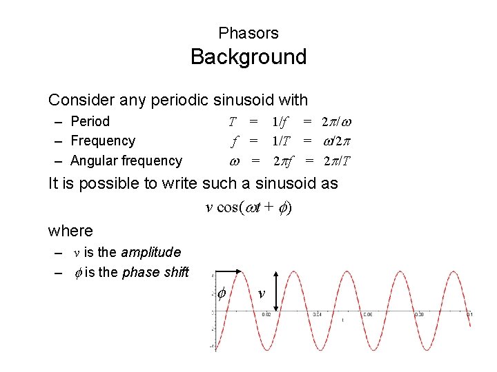 Phasors Background Consider any periodic sinusoid with T = 1/f = 2 p/w f Phasors Background Consider any periodic sinusoid with T = 1/f = 2 p/w f