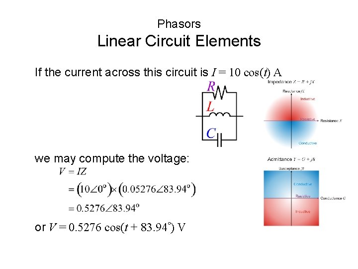 Phasors Linear Circuit Elements If the current across this circuit is I = 10 Phasors Linear Circuit Elements If the current across this circuit is I = 10