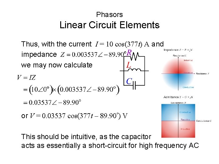 Phasors Linear Circuit Elements Thus, with the current I = 10 cos(377 t) A Phasors Linear Circuit Elements Thus, with the current I = 10 cos(377 t) A