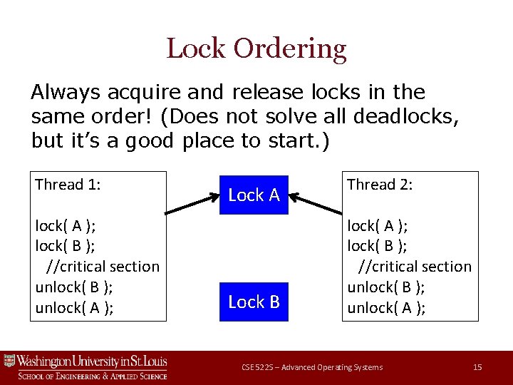 Lock Ordering Always acquire and release locks in the same order! (Does not solve