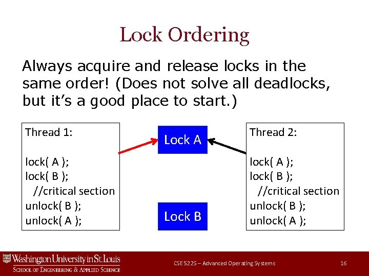 Lock Ordering Always acquire and release locks in the same order! (Does not solve