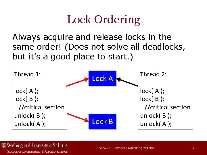 Lock Ordering Always acquire and release locks in the same order! (Does not solve