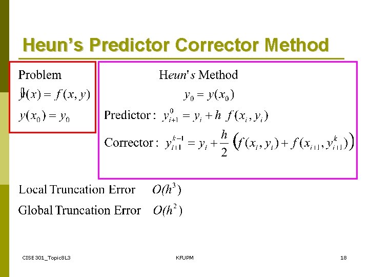 Heun’s Predictor Corrector Method CISE 301_Topic 8 L 3 KFUPM 18 Heun’s Predictor Corrector Method CISE 301_Topic 8 L 3 KFUPM 18