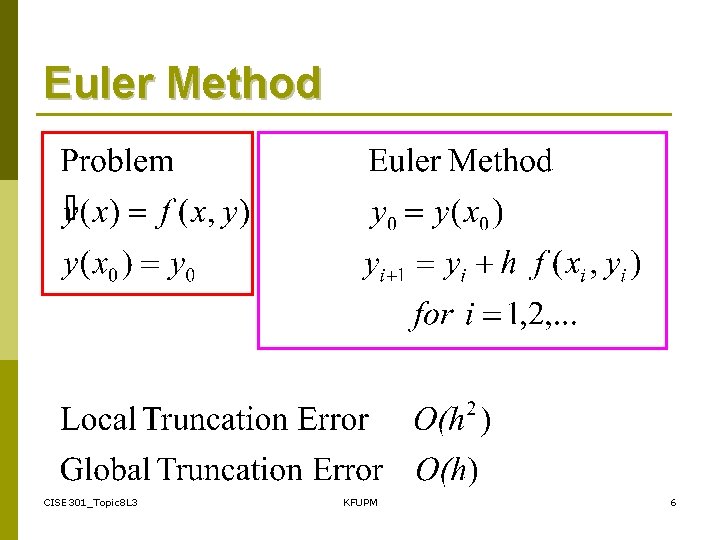 Euler Method CISE 301_Topic 8 L 3 KFUPM 6 Euler Method CISE 301_Topic 8 L 3 KFUPM 6