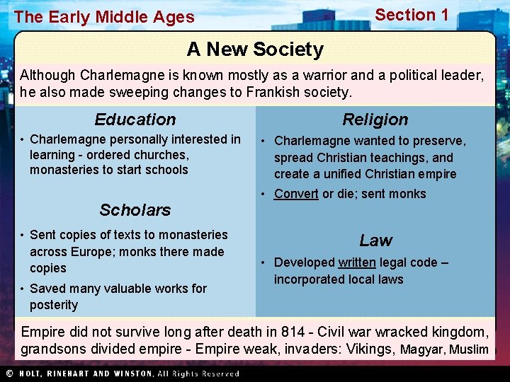 Section 1 The Early Middle Ages A New Society Although Charlemagne is known mostly