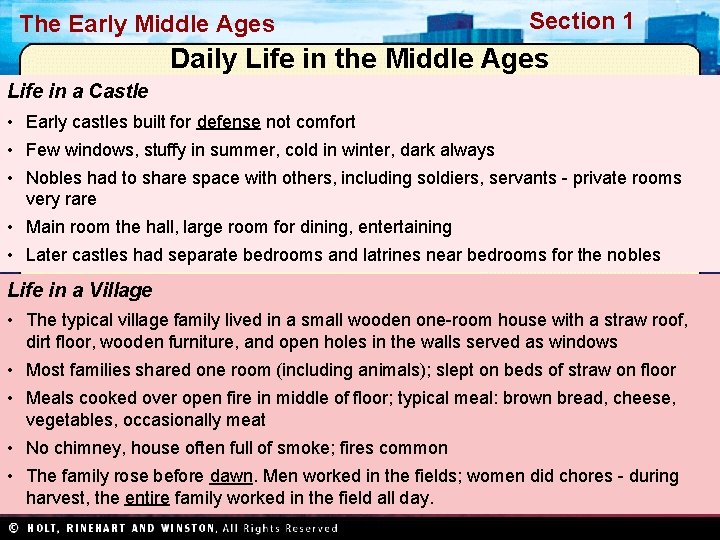 The Early Middle Ages Section 1 Daily Life in the Middle Ages Life in