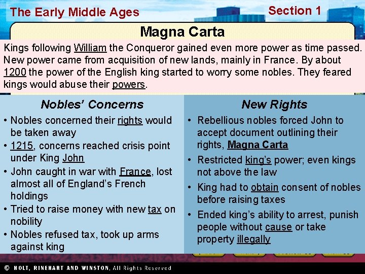 Section 1 The Early Middle Ages Magna Carta Kings following William the Conqueror gained